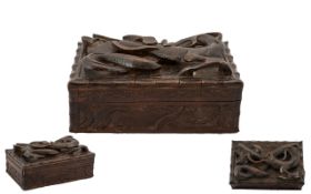 Japanese Early 20th Century Finely Carved Wooden Lidded Trinket Box, The Top Cover with Applied