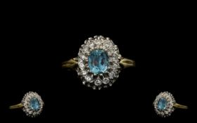 18ct Gold - Aquamarine and Diamond Set Cluster Ring, Flower head Design. Excellent Gallery