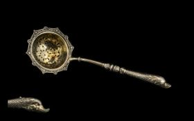 European 19th Century - High Quality Solid Silver Dolphin Figural Stem Tea Strainer,