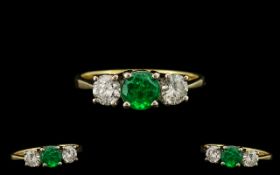 18ct Gold 3 Stone Superb and Attractive Diamond and Emerald Dress Ring,