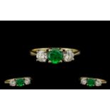 18ct Gold 3 Stone Superb and Attractive Diamond and Emerald Dress Ring,