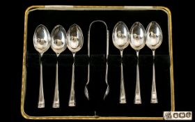 Cased Silver Spoons And Sugar Nips. Deco Period, hallmarked for 1928, please see accompanying image.