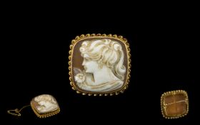 A 9ct Gold Mounted Cameo Brooch with 9ct Gold Safety Chain of Square Form,