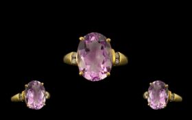 Ladies 9ct Gold - Attractive Amethyst and Diamond Set Dress Ring,