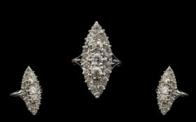 Art Deco Period 18ct White Gold Stunning Boat Shaped Diamond Set Dress Ring, Diamonds of Great