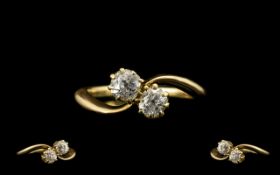 Ladies - Nice Quality 1920's 18ct Gold Two Stone Diamond Set Ring. The Old Round Cut Diamonds of