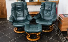 Pair of Green Easy Style Chairs, together with matching foot stool. Height 39" Width 31".