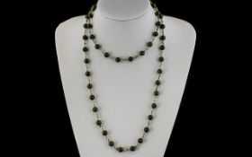 Antique Period - Attractive 9ct Gold and Jade Beaded Long Necklace. Fully Hallmarked for 9ct Gold.