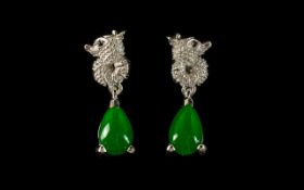 Green Jade 'Seahorse' Drop Earrings, pear cut cabochons of green jade totalling 3cts,