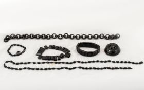 Small Collection of French Jet - to include a necklace, three bracelets, two chains, and a
