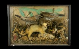 Taxidermy Interest - Cased Set of Stuffed Rabbit, Stoat, and birds. Interesting lot housed in case.