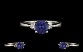 18ct White Gold - Contemporary and Attractive Tanzanite and Diamond Set Dress Ring,