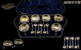 Mid Victorian Period Superb Quality Boxed Set of Six Ornate Silver Salts and Matching Spoons,