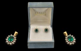 Pair of 9ct Gold Emerald and Diamond Earrings with Matching Pendant.