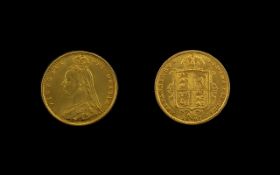 Queen Victoria Jubilee Head / Shield Back 22ct Gold Half Sovereign - Date 1887.
