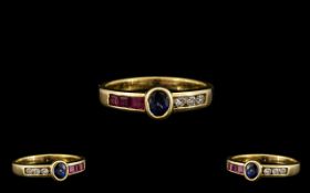 18ct Gold - Ladies Attractive Diamonds, Sapphires, Rubies Set Multi-Stone Dress Ring. Marked 18ct.