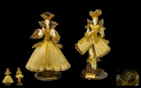 Murano Toffolo Signed Pair of Superb Glass Courtesan Figurines - Each Signed By G. Toffolo. c.