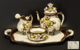 Capodimonte Tea Tray & Tea Set comprising a large tray 18" x 13"; a tea pot raised on four feet;