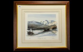 Limited Edition Print by Geoffrey Cowton of 'The Langdale Pikes in Winter'. No.