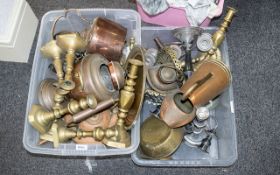 Large Collection of Metalware Items to include copper kettles, candlesticks,