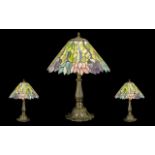 Large Tiffany Style Table Lamp on decorative floriate metal base,