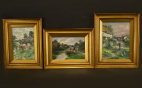 A Set of Three Original Oil Paintings. All 'Countryside Scenes'. Framed in wide original gilt frames