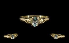 9ct Gold Single Stone Aquamarine Set Dress Ring, Full Hallmark for 9ct. Ring Size - O.