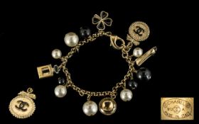 Chanel Style - Gold, Pearl Charm Bracelet, Set with 5 Charms, Please See Photo. Expensive to Buy.