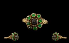 George III 12-5 ct Gold Emerald Set Cluster Ring. Flower head Design, Marked for 12.5 ct Gold.