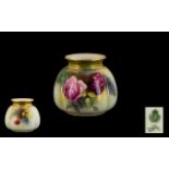 Royal Worcester Hand Painted Small ' Roses ' Vase. Date 1909 & Shape 158. Height 3.25 Inches - 8.