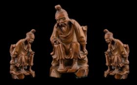 Chinese 20th Century Carved Boxwood Figure of a Wise Man Seated. 6.25 Inches - 15.70 cm High.