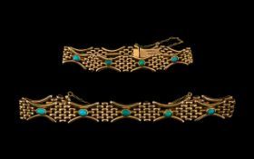 Victorian Period - Pleasing 9ct Gold Fancy Gate Bracelet Set with Turquoise Stones, Marked 9ct. c.