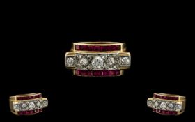 Art Deco Period 18ct Gold Diamond and Ruby Set Dress Ring, Pleasing Design, The Rubies of