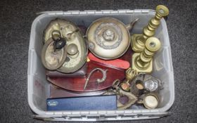 Box of Assorted Metal Ware to include brass candlesticks, metal teapot,