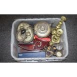 Box of Assorted Metal Ware to include brass candlesticks, metal teapot,