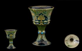 James Macintyre William Moorcroft Signed Goblet, Green and Gold Florian Design In Green. c.1903.