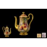 Royal Worcester Hand Painted and Signed Fallen Fruits Lidded Coffee Pot ' Peaches and Apples '