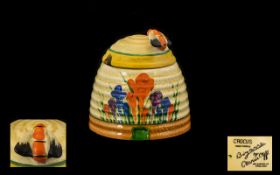 Clarice Cliff Hand Painted Honey Bee Lidded Jar ' Crocus ' Pattern. Date 1929.