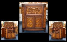 Chinese - Heavily Carved Camphor Wood Cocktail / Drinks Cabinet. c.1920.