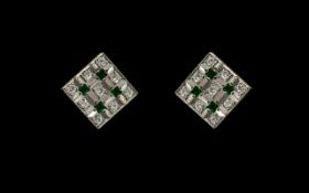 Ladies - Fine Pair of Attractive Art Deco Style 18ct Gold Square Shaped Earrings, Set with