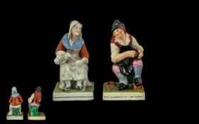 Staffordshire 19th Century Hand Painted Pair of Pearl Ware Figures ' The Cobbler and His Wife '