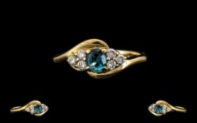 Ladies 9ct Gold Attractive Aquamarine and Diamond Set Dress Ring,