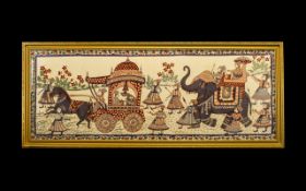 Large Thai Painting on Silk depicting a Royal procession with elephants, carriages and horses.