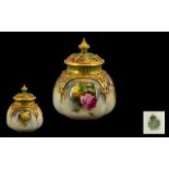 Royal Worcester Small Hand Painted Globular Shaped Reticulated Lidded Vase ' Roses ' Still Life.