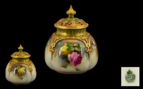 Royal Worcester Small Hand Painted Globular Shaped Reticulated Lidded Vase ' Roses ' Still Life.