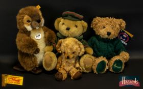 Collection of Teddy Bears to include a vintage Merrythought teddy with bells in his ears and