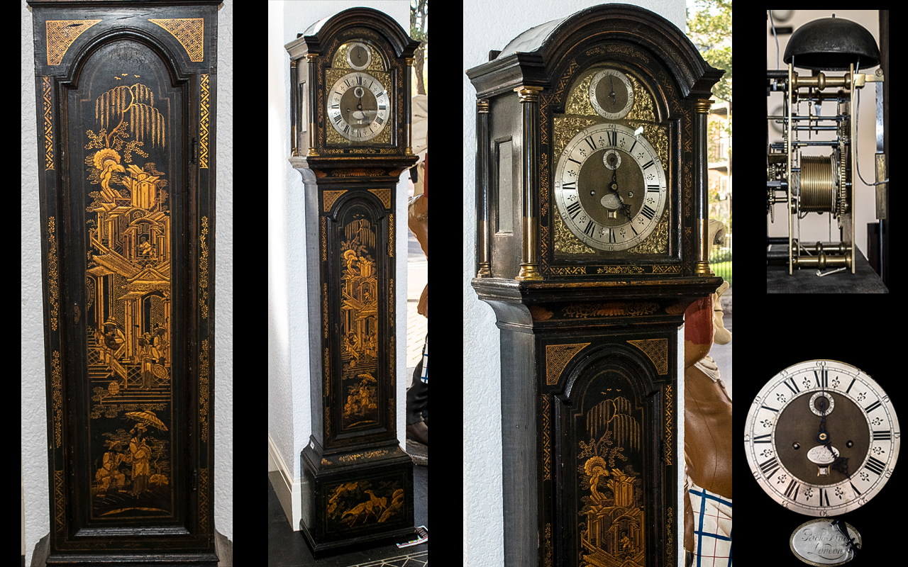 George II Black Lacquered Chinoiserie Decorated 8 Day Long case Clock. c.1740.