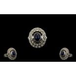 Russian 14ct White Gold Superb Diamond and Sapphire Set Cluster Ring.