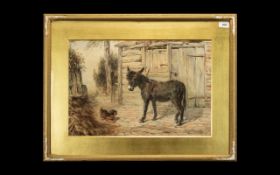 Watercolour of Donkey in Stable Signed TH 1881.