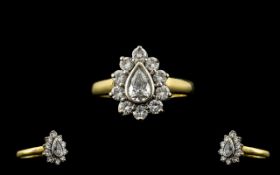 18ct Yellow Gold - Attractive Pear Shaped Diamond Cluster Dress Ring, Full Hallmark for 750 - 18ct.